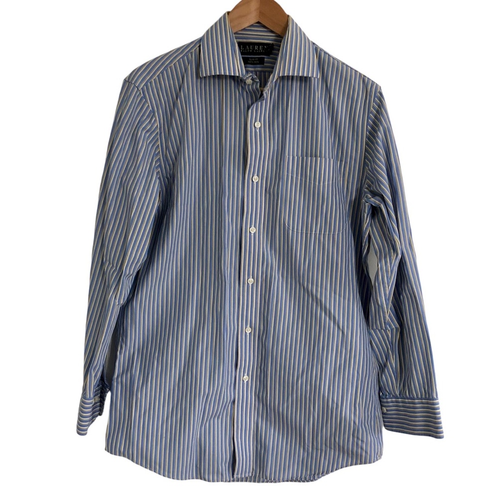Lauren Ralph Lauren Men’s Slim Fit Oxford Button Down Shirt, Blue Yellow 15.5” - Picture 2 of 5